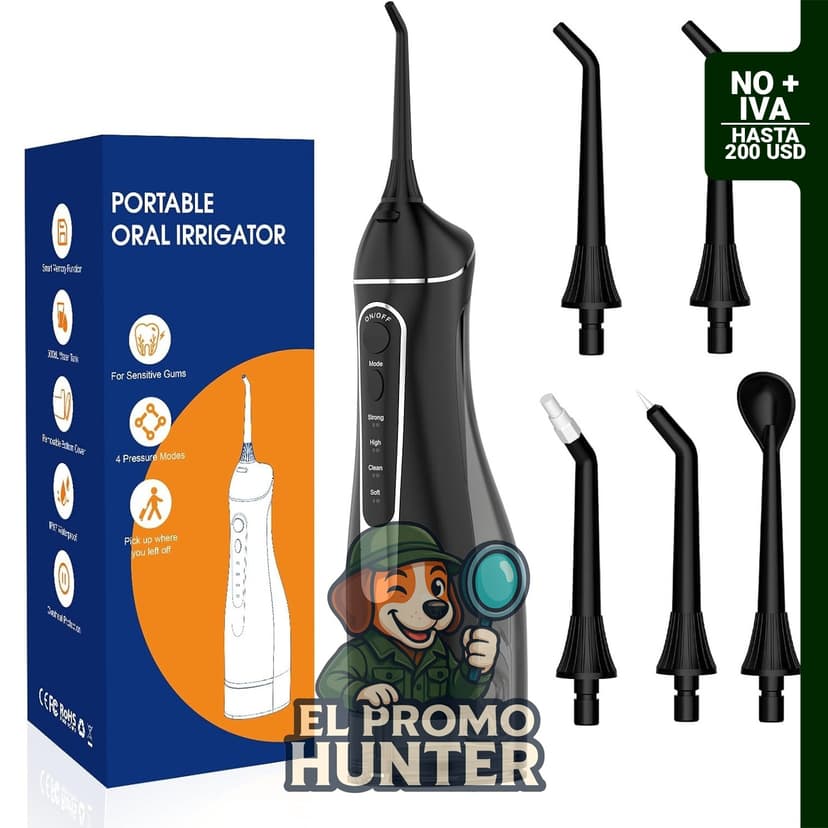 Irrigador dental portátil con 4 modos y 5 puntas de chorro, IPX7, tanque de 300 ml para uso en el hogar y viajes.