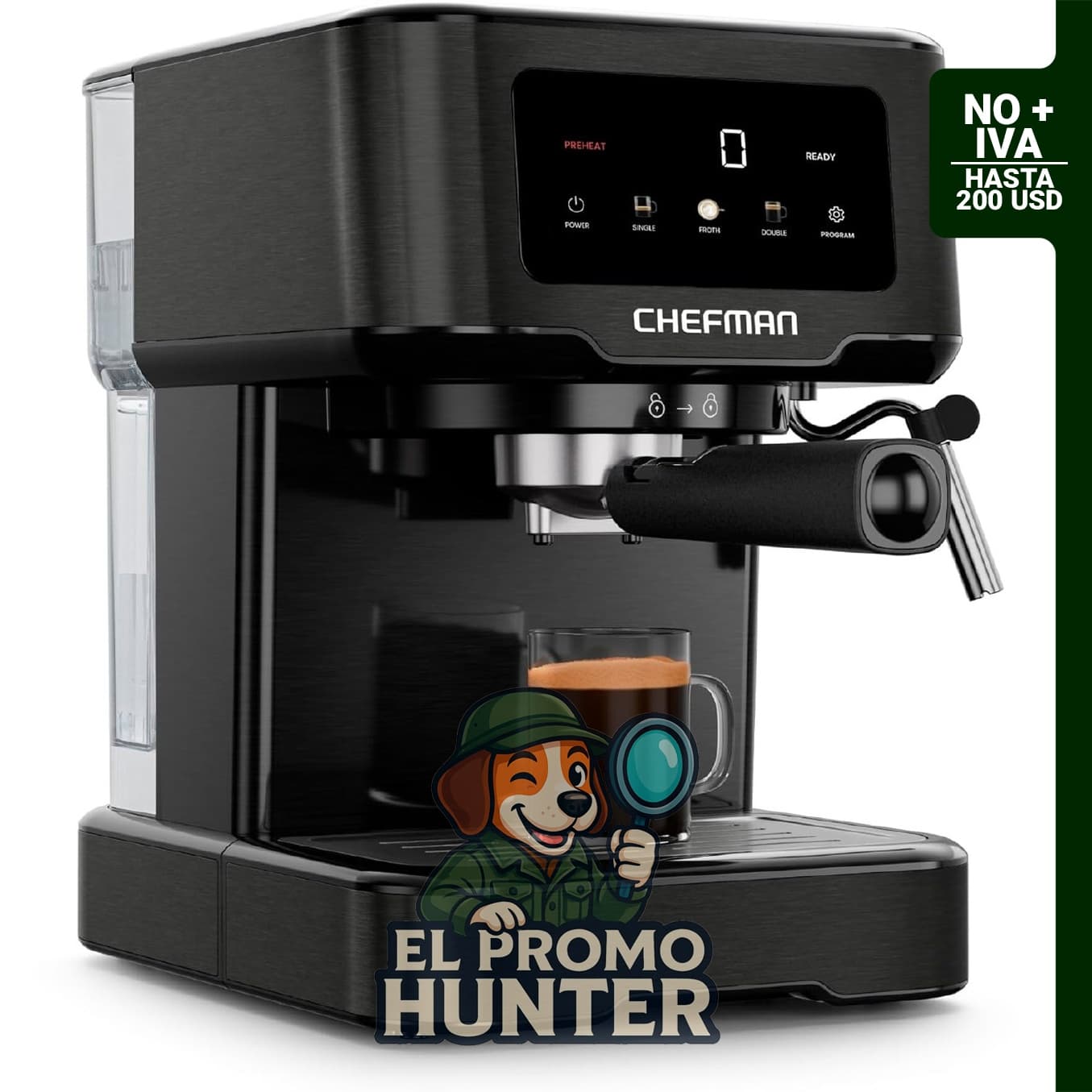 Chefman CraftBrew - Máquina de espresso de 15 bares con bomba digital y varita de vapor para café con leche y capuchino.