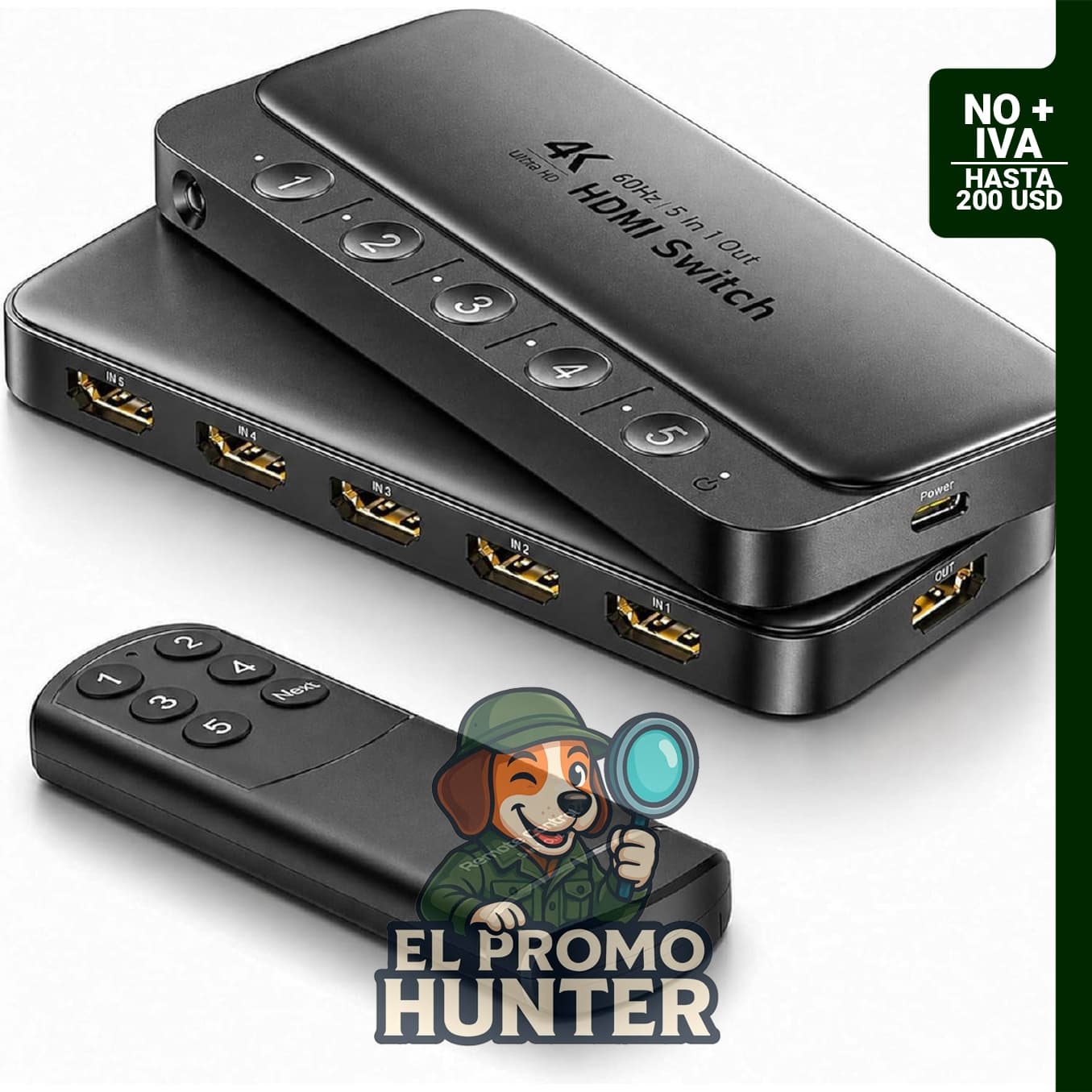Bytewave Interruptor HDMI 5 en 1 con control remoto, compatible con 4K a 60Hz, HDR, HDCP 2.2 y Dolby 3D.
