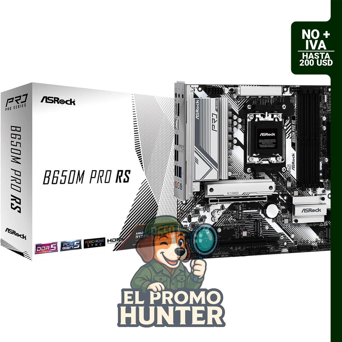 Placa base Asrock B650M Pro RS, compatible con procesadores AMD Socket AM5 Ryzen 7000/8000/9000, DDR5 7200+ (OC) MHz, M.2 Key E para WiFi, SATA3 6.0 Gb/s, formato Micro ATX, 2.5G LAN, BIOS Flashback.