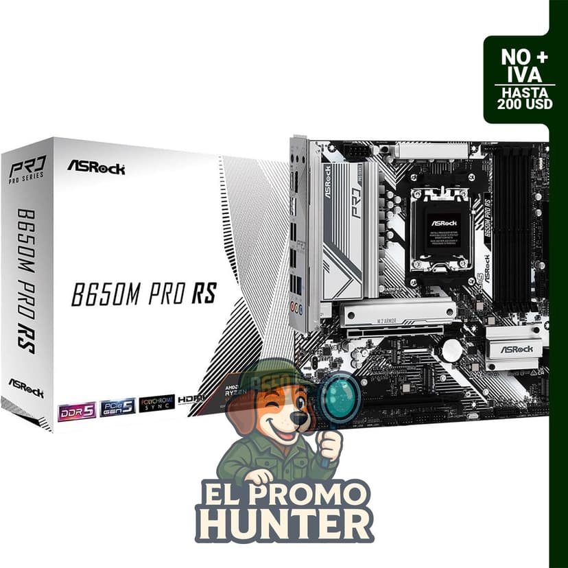 Placa base Asrock B650M Pro RS, compatible con procesadores AMD Socket AM5 Ryzen 7000/8000/9000, DDR5 7200+ (OC) MHz, M.2 Key E para WiFi, SATA3 6.0 Gb/s, formato Micro ATX, 2.5G LAN, BIOS Flashback.