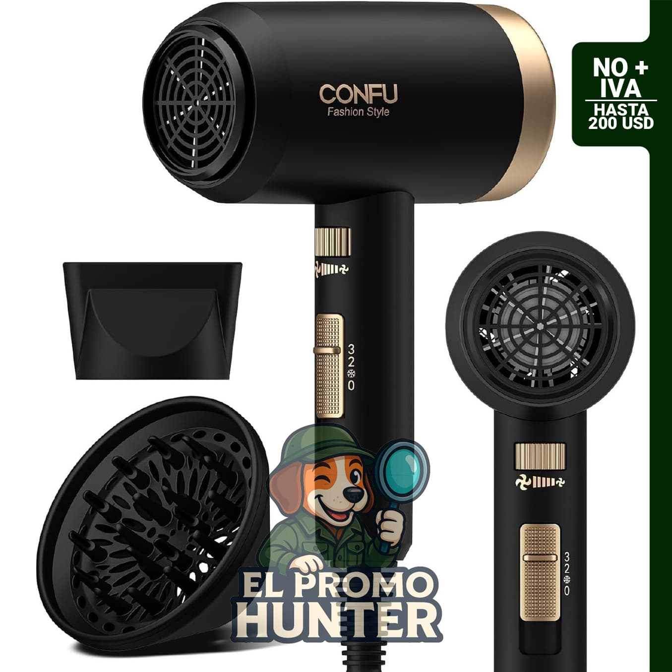 Secador de pelo CONFU 21000PRM, iónico negativo, portátil y ligero, incluye difusor para cabello rizado.