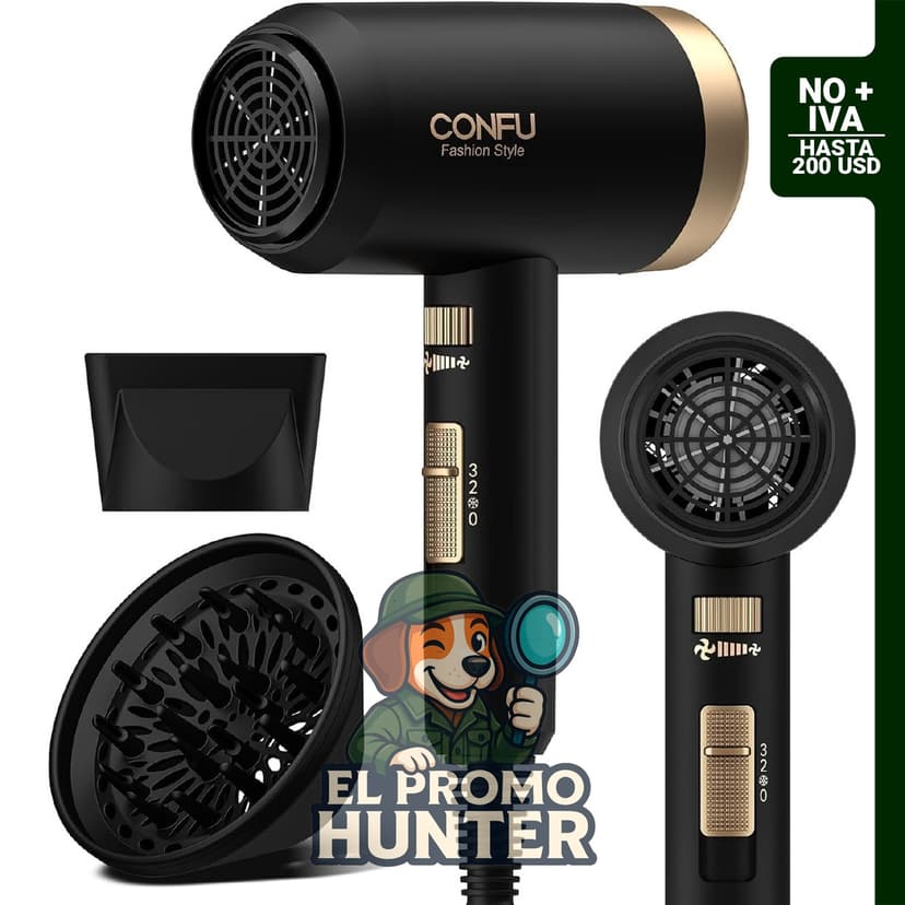 Secador de pelo CONFU 21000PRM, iónico negativo, portátil y ligero, incluye difusor para cabello rizado.