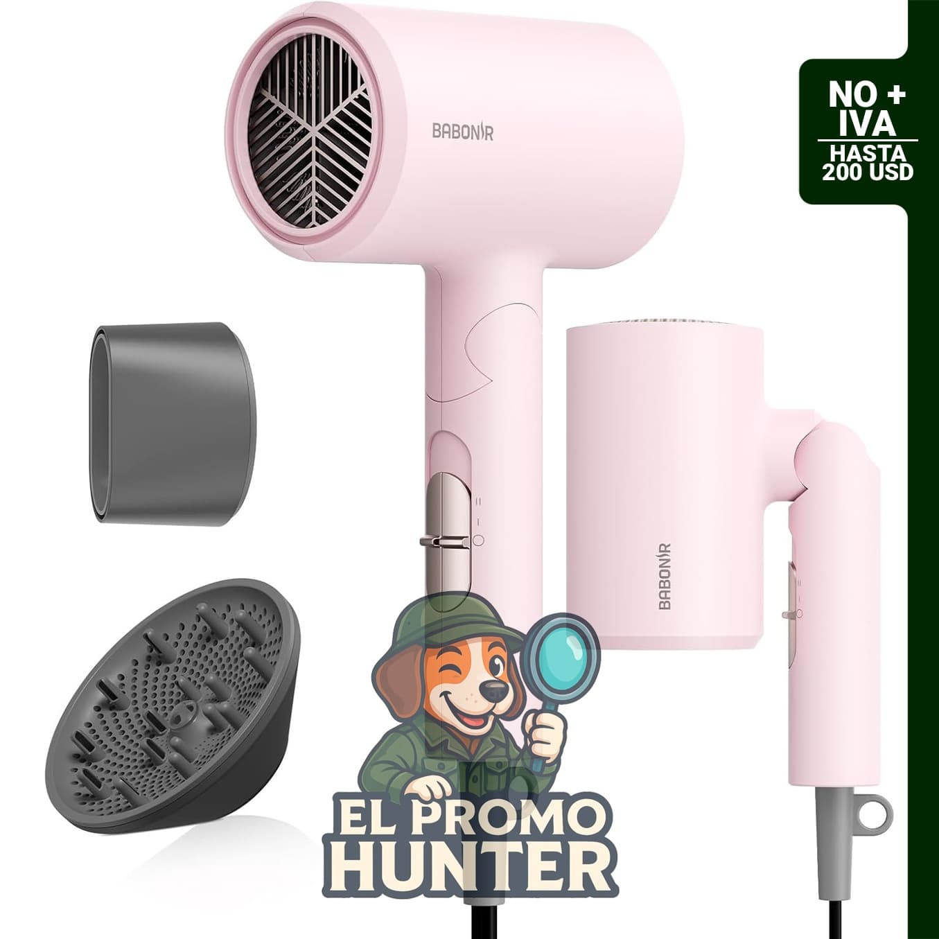 BABONIR Secador de pelo 1875W, plegable, incluye difusor iónico.