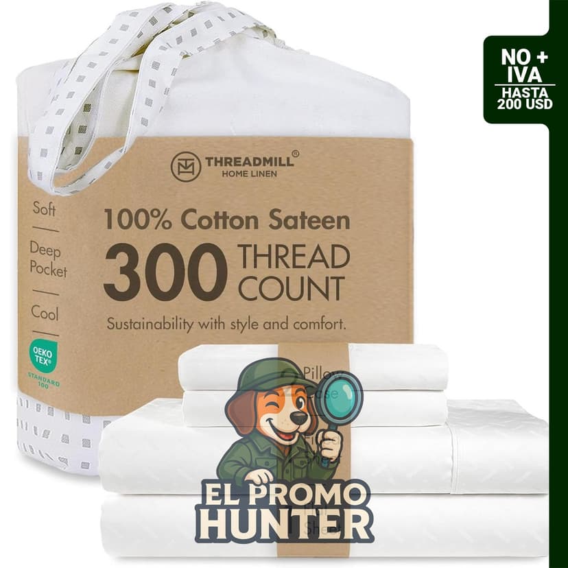 Threadmill Home Linen Bedding - Juego de sábanas de 300 hilos, 100 % algodón, 4 piezas, tejido de satén suave.
