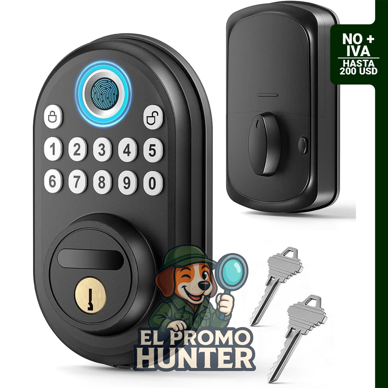 Cerradura inteligente RVSEDYU con huellas dactilares y teclado, incluye 2 llaves y bloqueo automático.