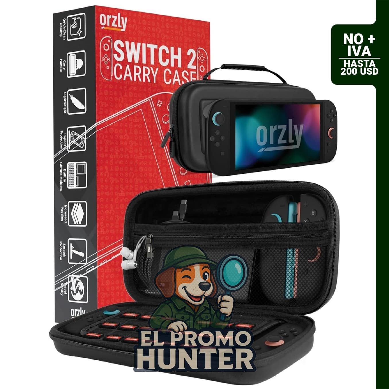 Funda Orzly compatible con Nintendo Switch 2, modelo 2025, con protección de pantalla y compartimentos para tarjetas de juego y microSD.