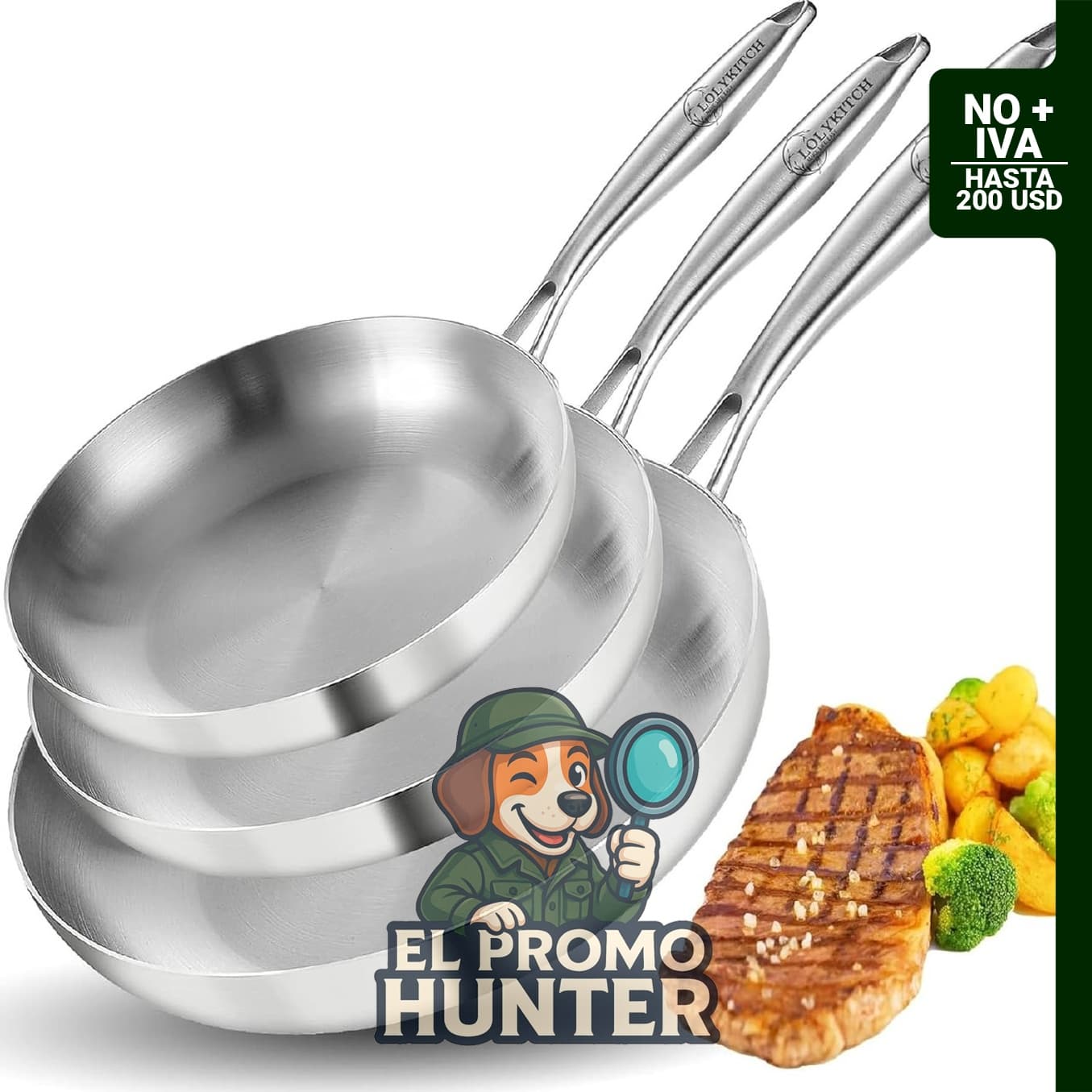 Juego de sartenes LOLYKITCH de acero inoxidable de tres capas, incluye sartenes de 20, 25 y 30 cm.
