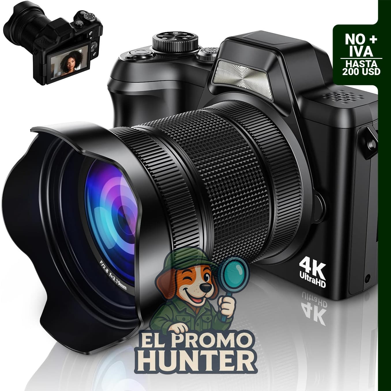 Krlun Cámara digital 4K con enfoque automático de 56 MP, pantalla abatible de 180° y zoom de 16X.