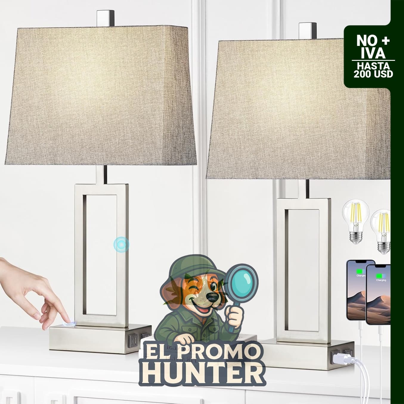 Lámparas de mesa Lolikit de 23.5 pulgadas, juego de 2 con control táctil, puertos USB A+C y salida de CA.
