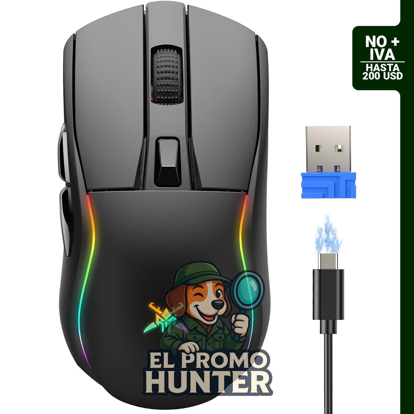 TECKNET Ratón inalámbrico para juegos, retroiluminado RGB, Bluetooth 5.0/2.4G/USB-C, recargable, 6 botones programables, 24000 DPI.