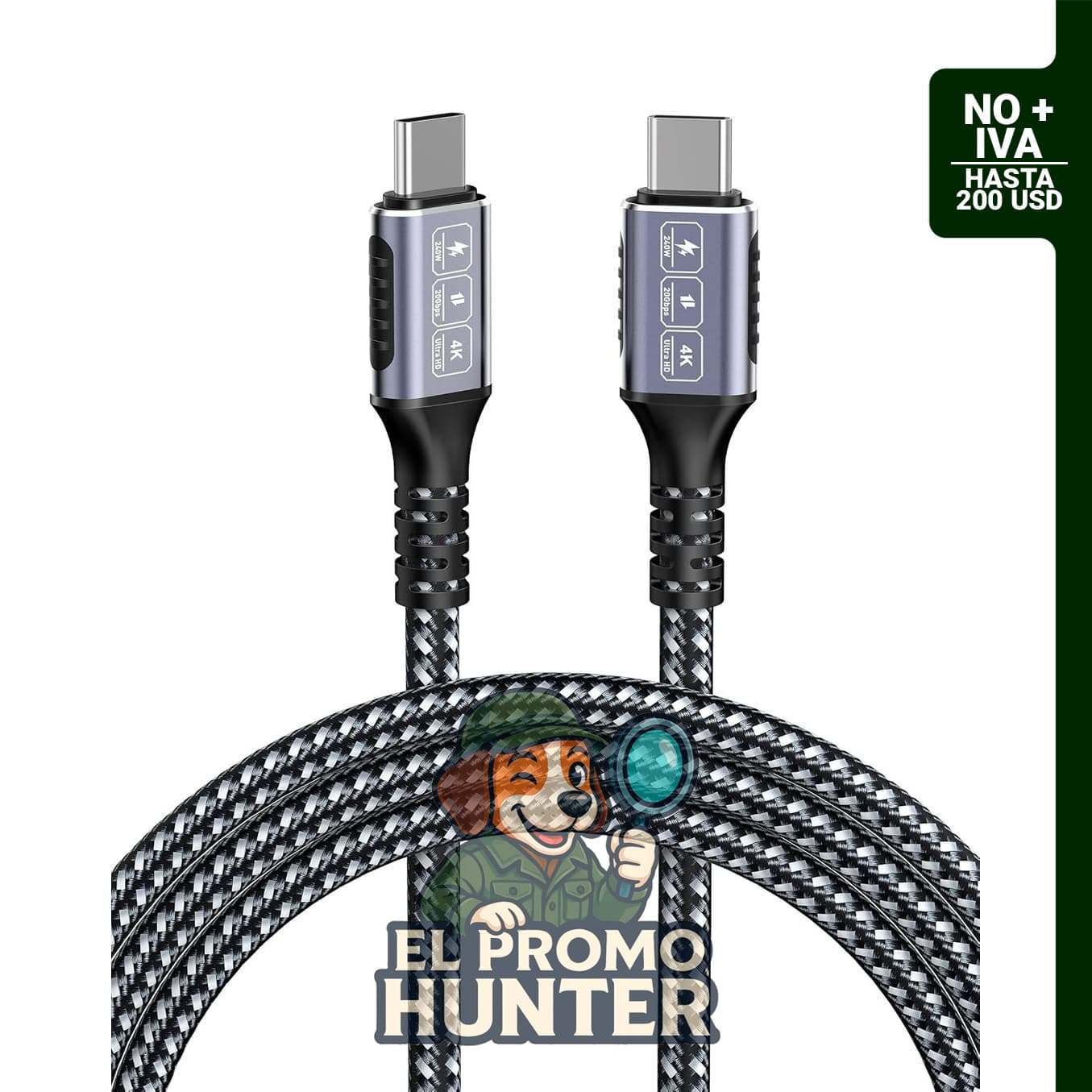 Cable USB-C de 20 pies, carga rápida PD de 240 W, transferencia de datos de 20 Gbps, soporte de video 4K a 60 Hz.