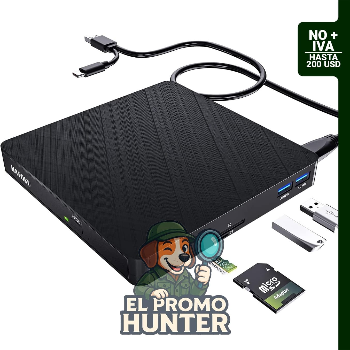 HATOKU Unidad externa de CD/DVD para portátil, compatible con USB 3.0 y USB-C, grabador de CD y reproductor de DVD.