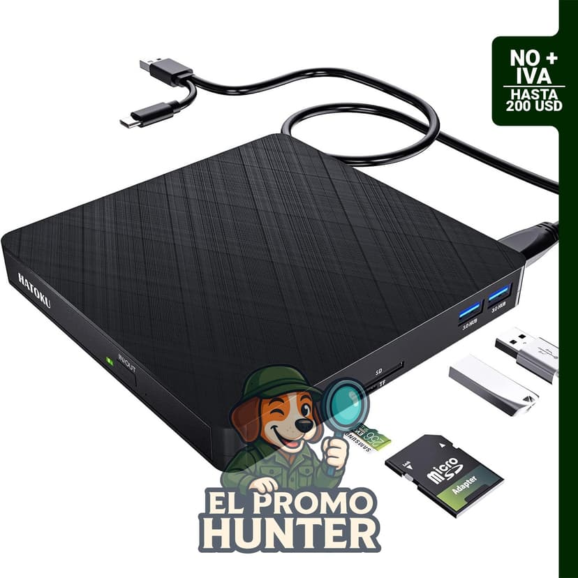 HATOKU Unidad externa de CD/DVD para portátil, compatible con USB 3.0 y USB-C, grabador de CD y reproductor de DVD.