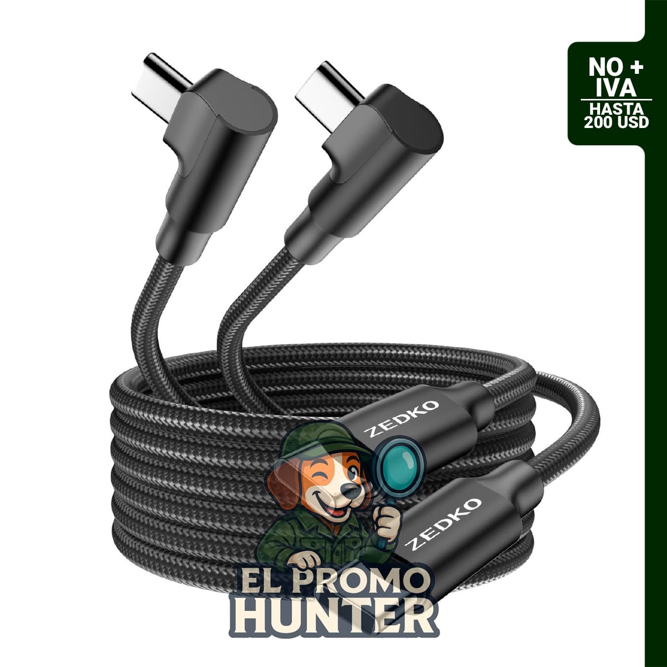 ZEDKO Cable USB C a USB C de 6 pies (1.83 m) y 65 W, con conector en ángulo recto.