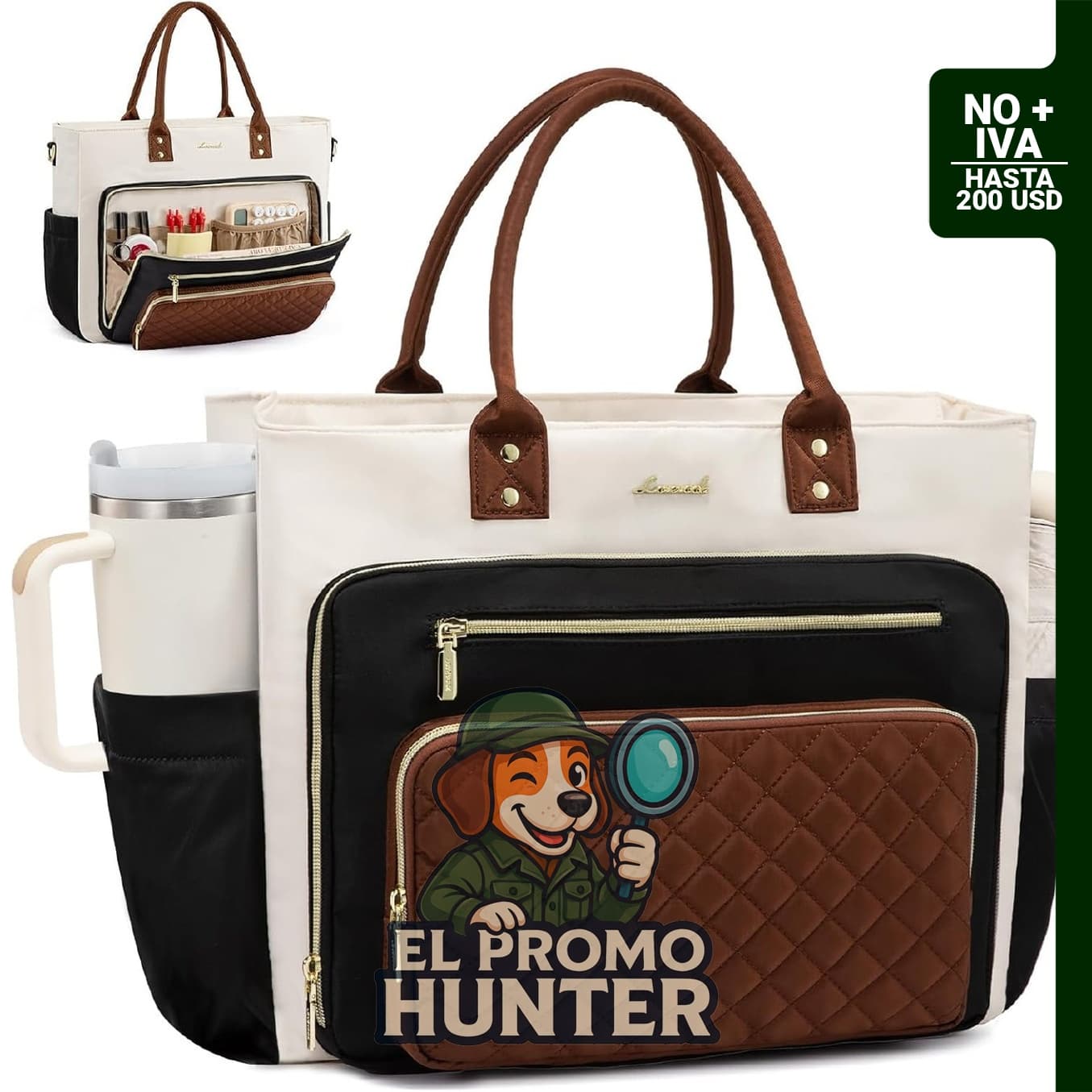 LOVEVOOK Bolsa de mano para laptop de 17" (43 cm), maletín profesional para mujer, negro-beige-marrón.