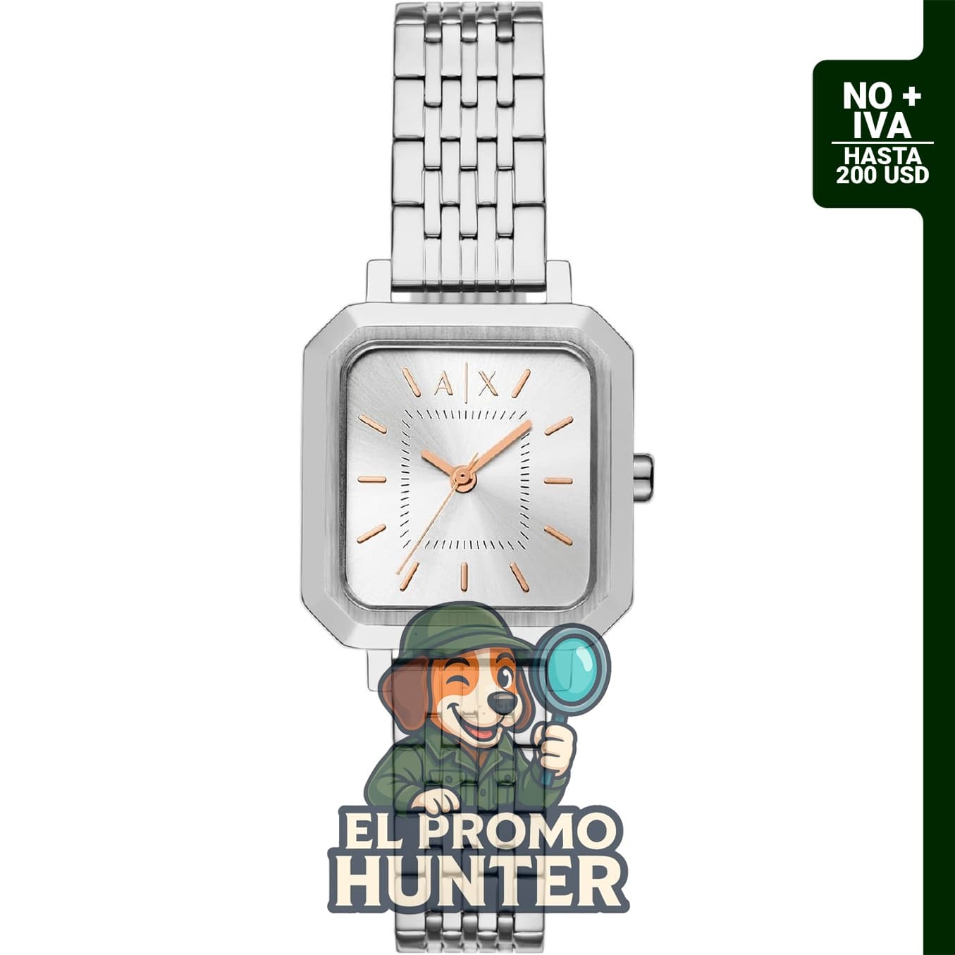 Reloj cuadrado Armani Exchange A|X de acero inoxidable con tres manecillas para mujer.