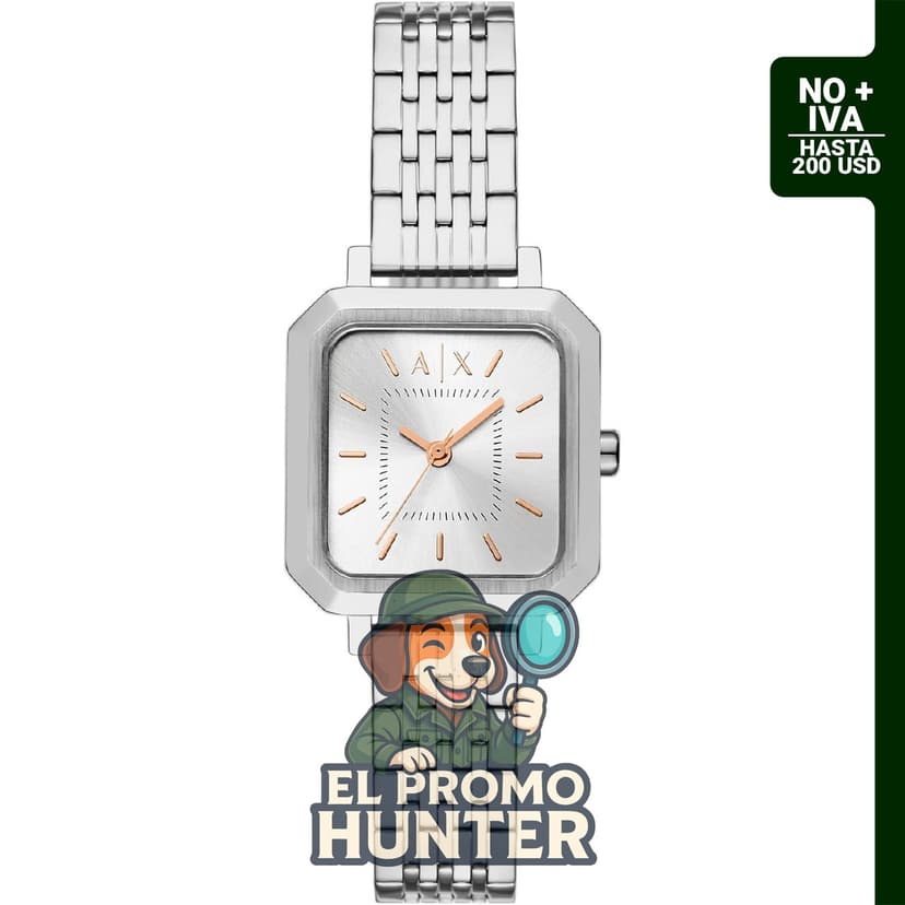 Reloj cuadrado Armani Exchange A|X de acero inoxidable con tres manecillas para mujer.