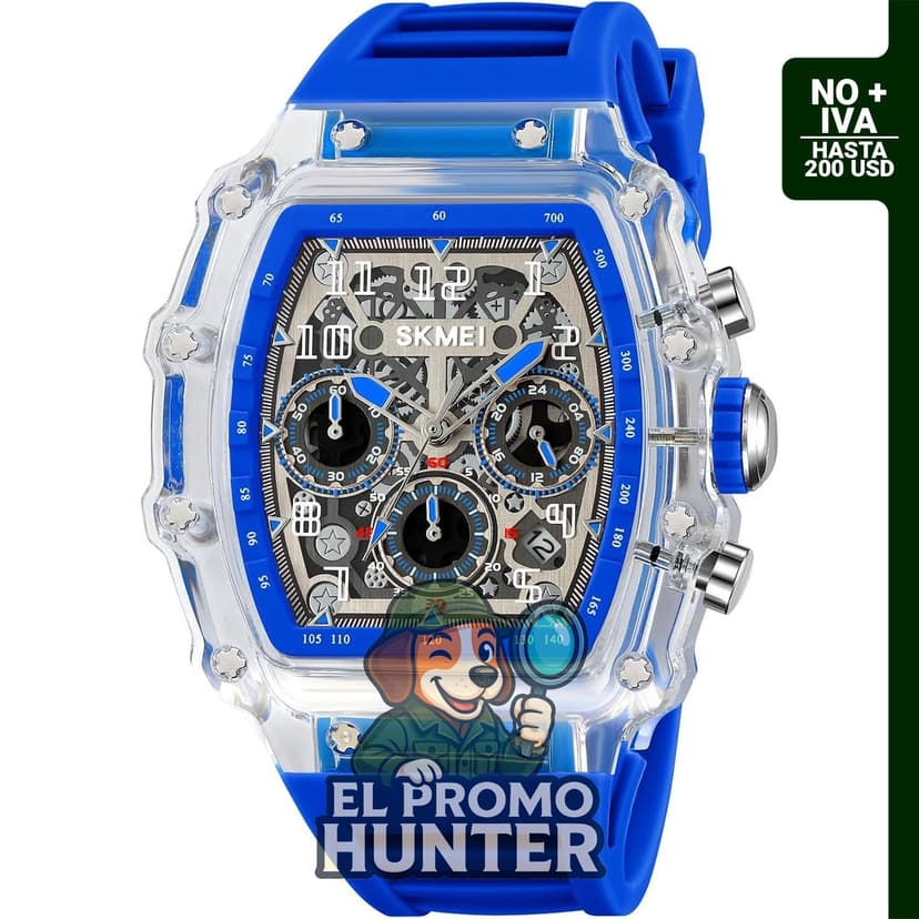 MASTOP Reloj de pulsera para hombre, diseño tonneau, correa de silicona transparente, cronógrafo, calendario, 50M resistente al agua.