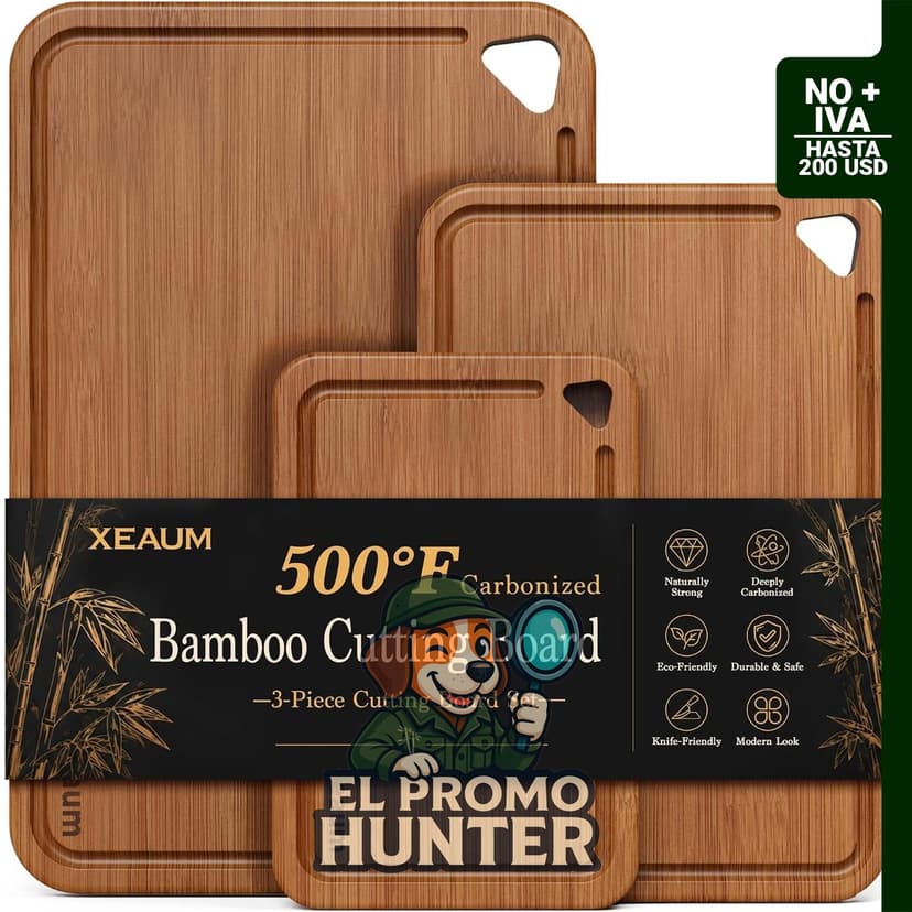 Juego de tablas de cortar de bambú de 3 piezas con ranuras para jugos y asas laterales.