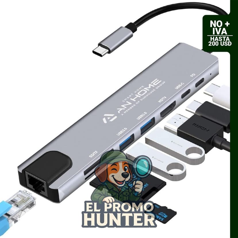 AnHome Adaptador USB C Hub Ethernet HDMI 4K, 8 en 1 con puertos USB 3.0 y lector de tarjetas SD/TF.