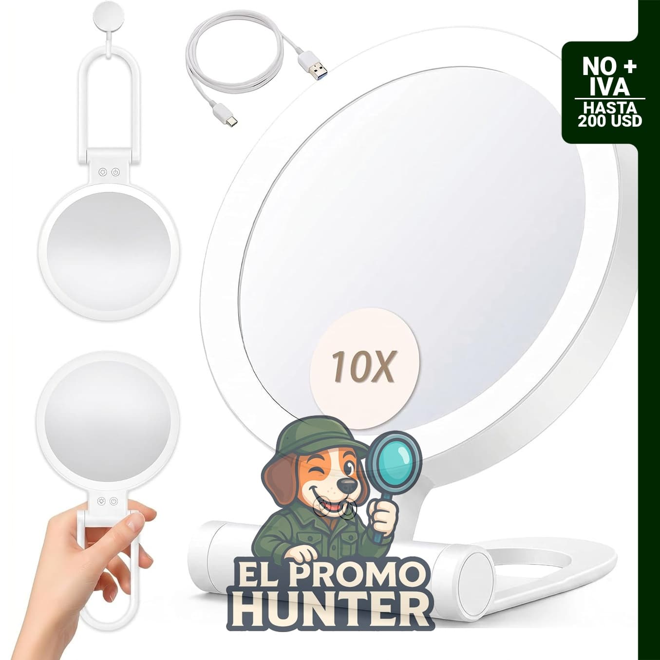 Espejo de maquillaje iluminado con aumento 1X/10X, doble cara.