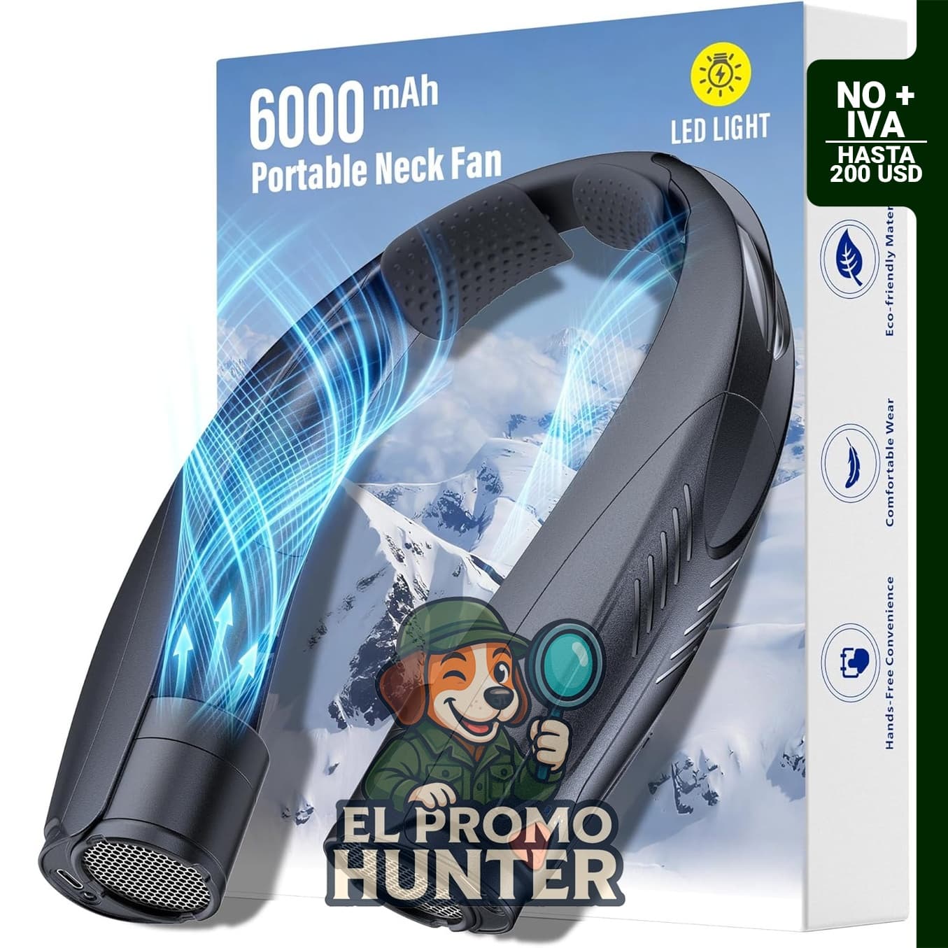 Ventilador de cuello portátil recargable USB-C de 6000 mAh, 6 velocidades, con luz de lectura.