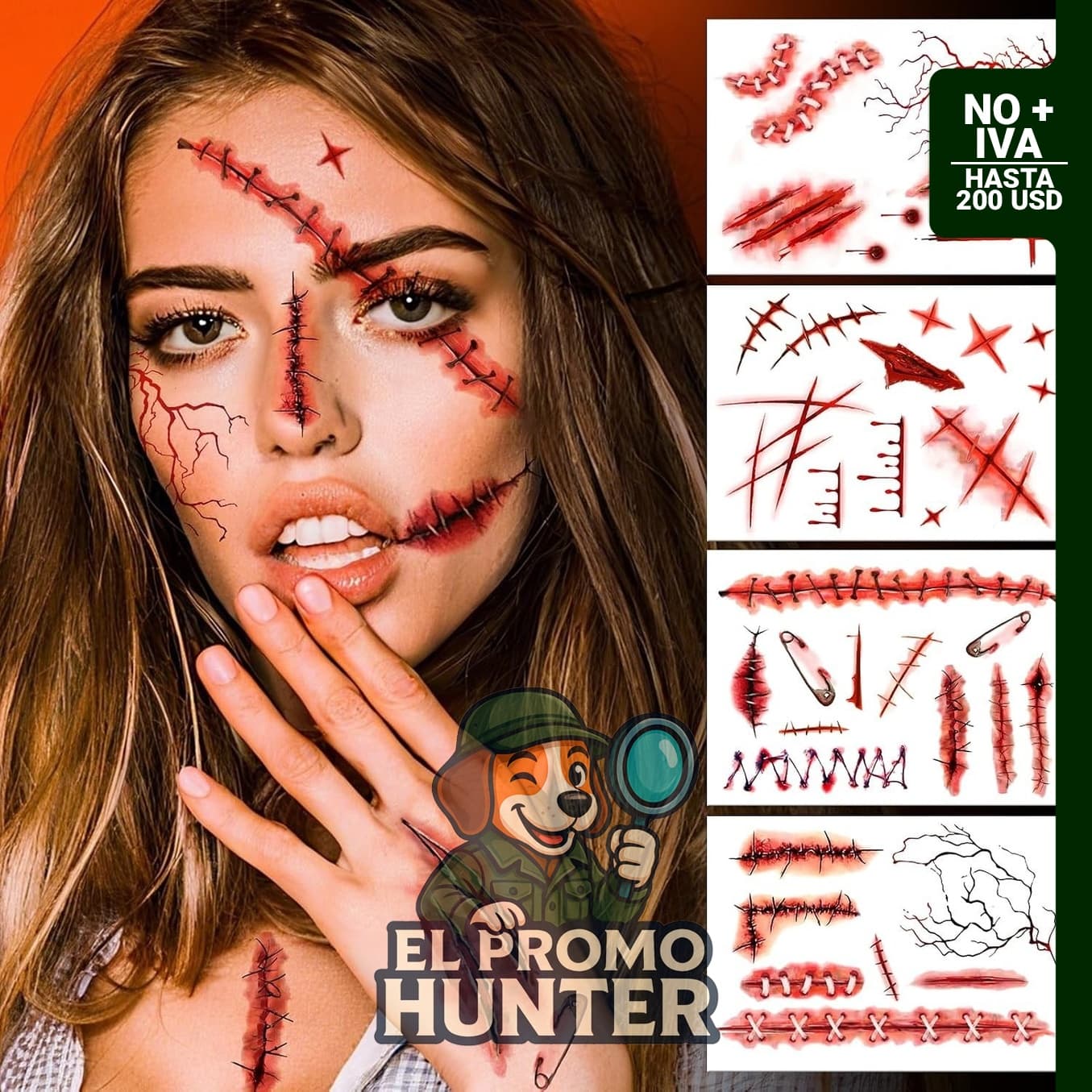 Kit de maquillaje con tatuajes temporales de zombis para Halloween.