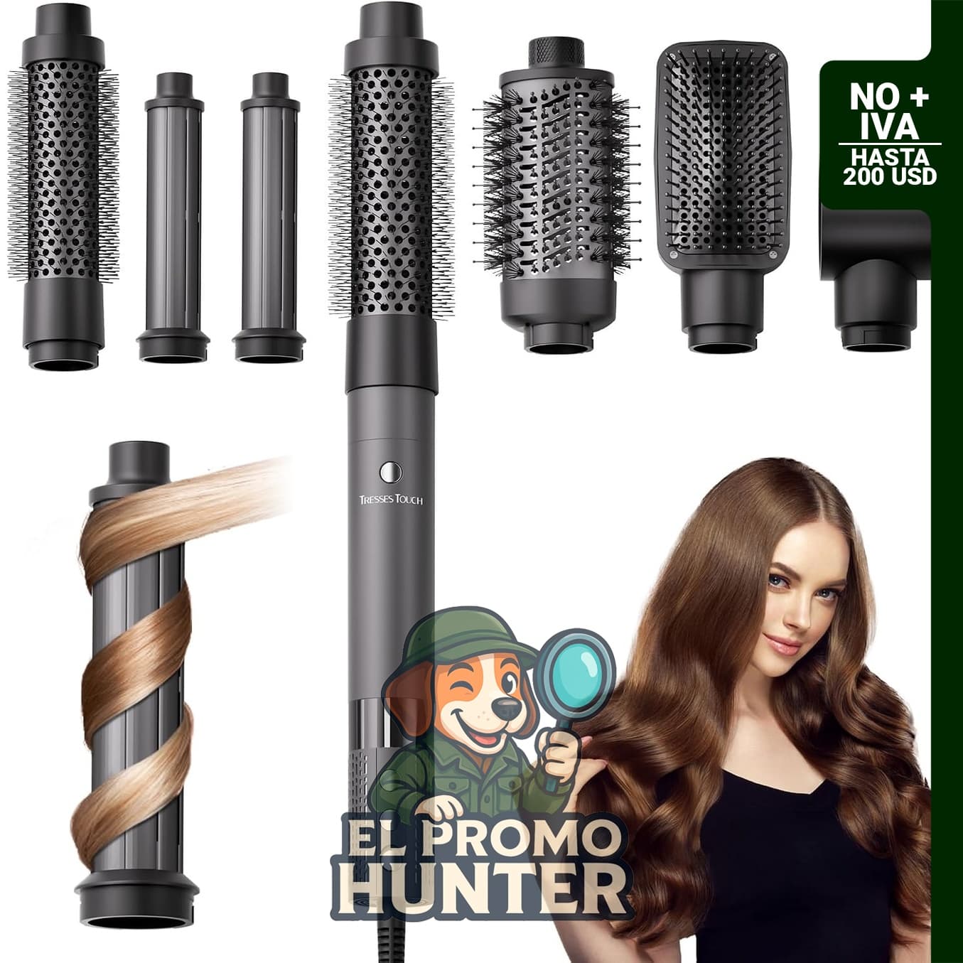 Moldeador de pelo 6 en 1 con envoltura de aire caliente, incluye cepillos secadores y función de rizado automático.
