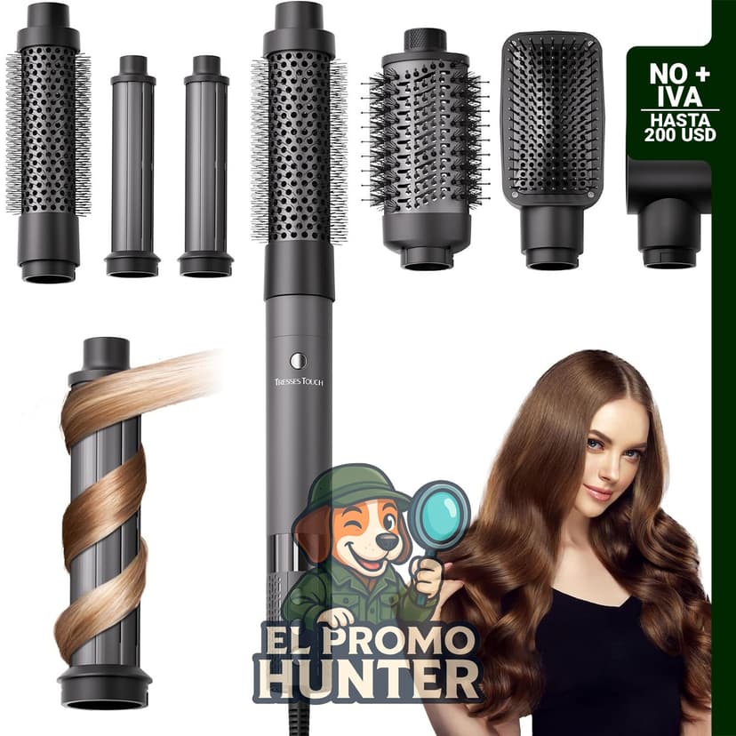 Moldeador de pelo 6 en 1 con envoltura de aire caliente, incluye cepillos secadores y función de rizado automático.