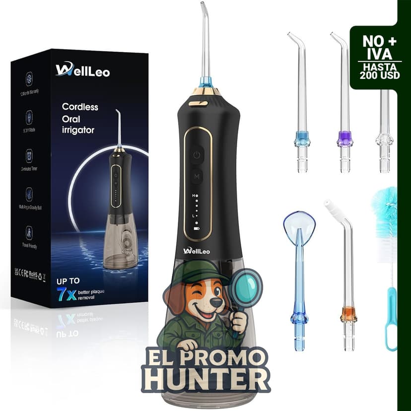 WellLeo irrigador oral inalámbrico recargable de 300 ml, con 5 modos y 5 puntas de chorro, IPX7 resistente al agua.