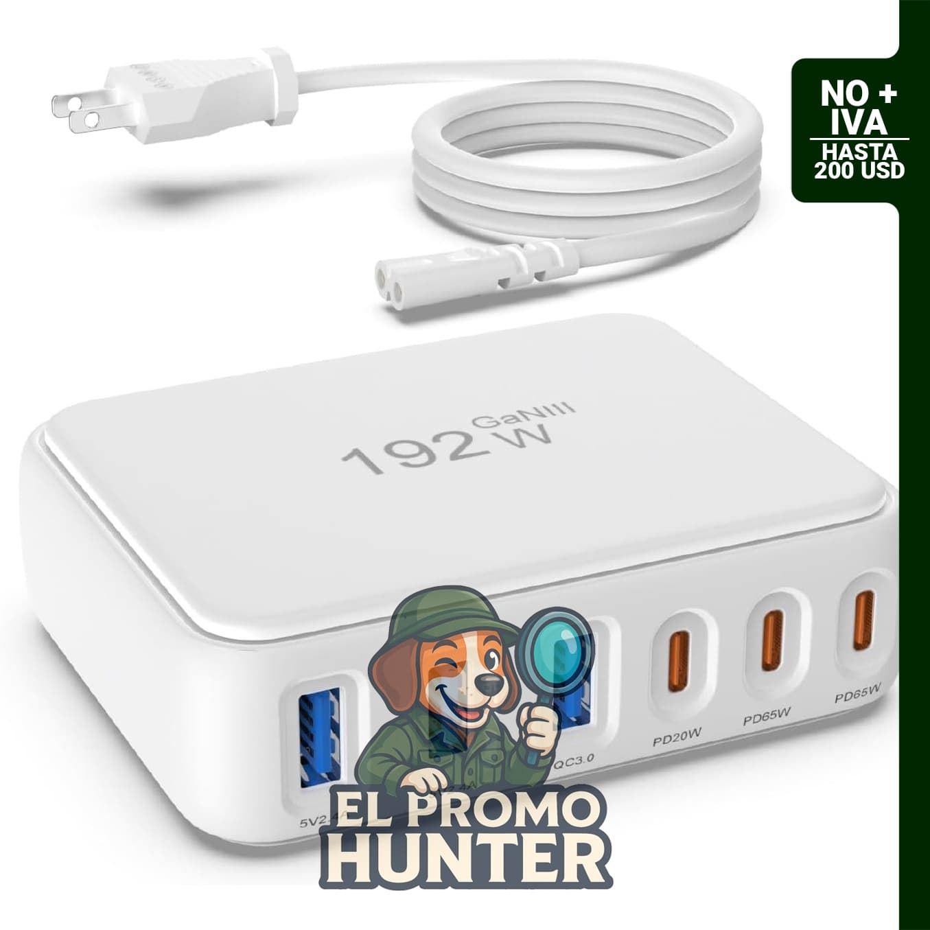 Adaptador de corriente GaN de 65 W con 6 puertos USB C, compatible con MacBook, iPhone 17, iPad y Samsung.