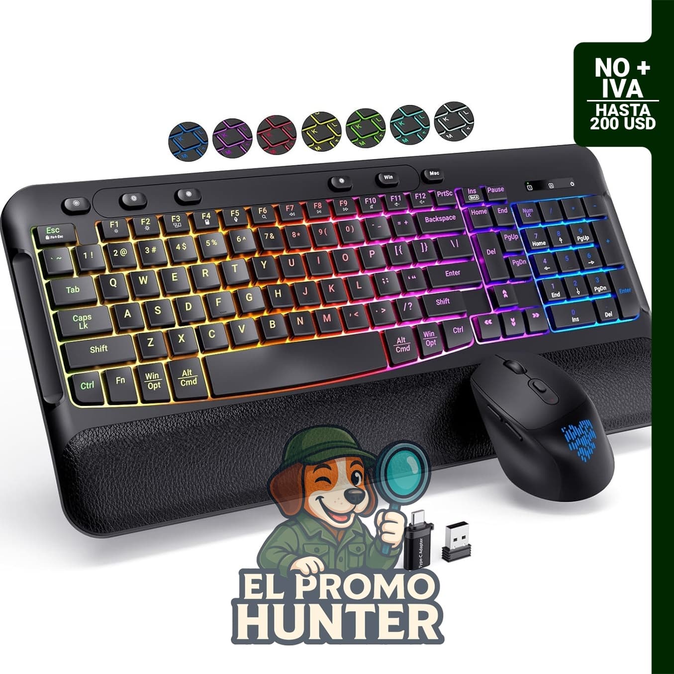 Combo de teclado inalámbrico y ratón ergonómico con retroiluminación RGB y teclas silenciosas.