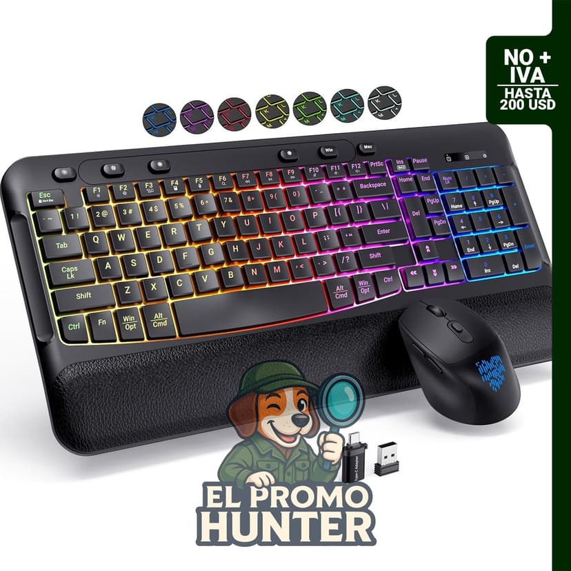 Combo de teclado inalámbrico y ratón ergonómico con retroiluminación RGB y teclas silenciosas.