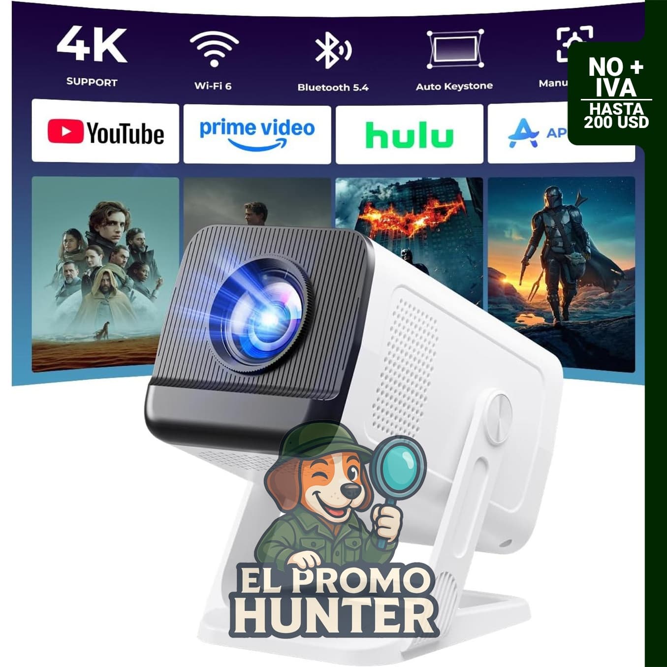 Mini proyector portátil 4K 1080P con WiFi y Bluetooth, compatible con dispositivos HDMI y USB.