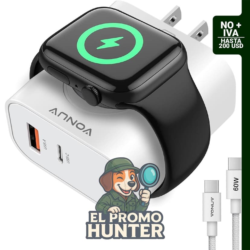 Adaptador 3 en 1 para Apple Watch, carga rápida USB C de 20W con puertos duales y adaptador inalámbrico magnético.