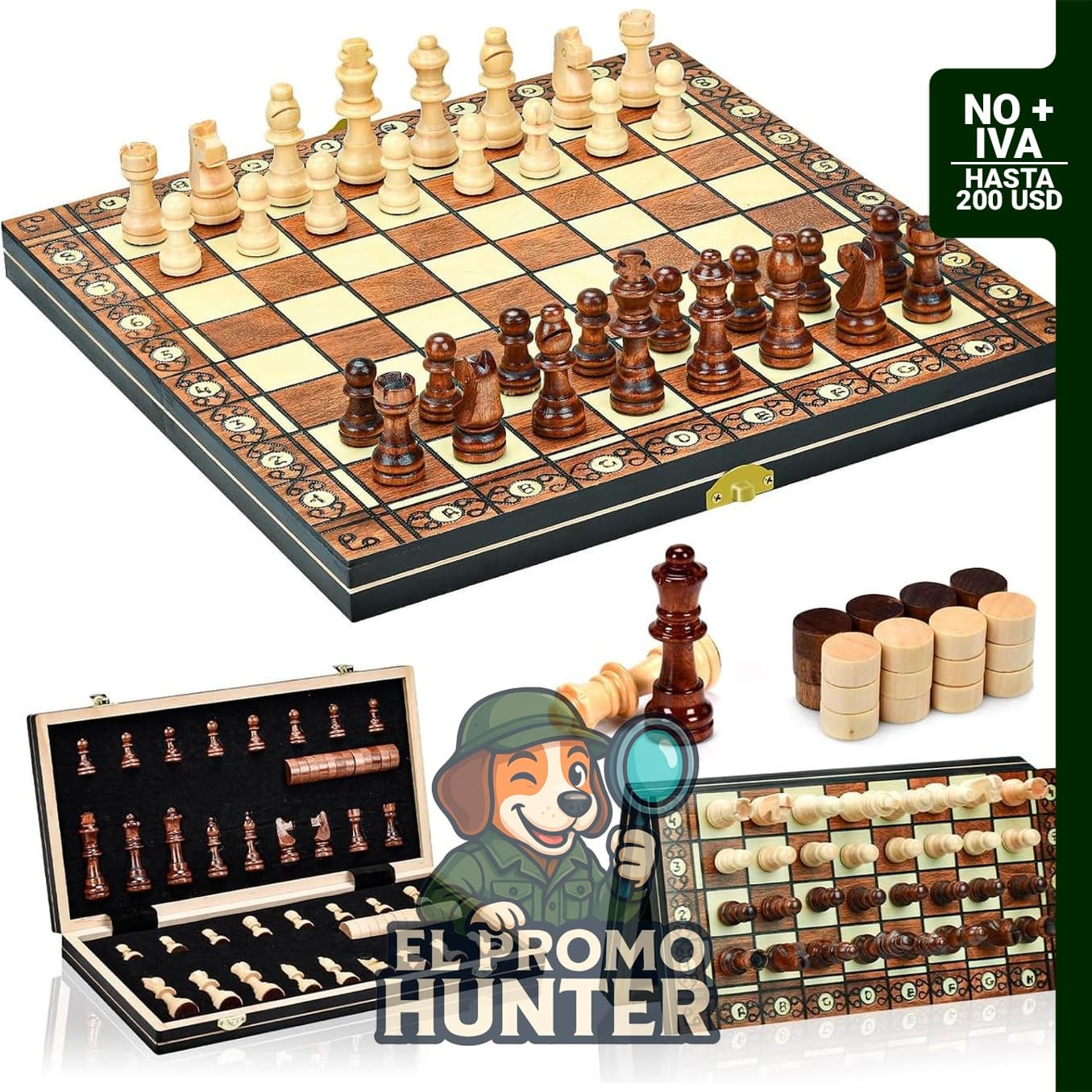 Juego de ajedrez magnético de madera de 15 pulgadas, plegable con almacenamiento y 2 reinas adicionales.