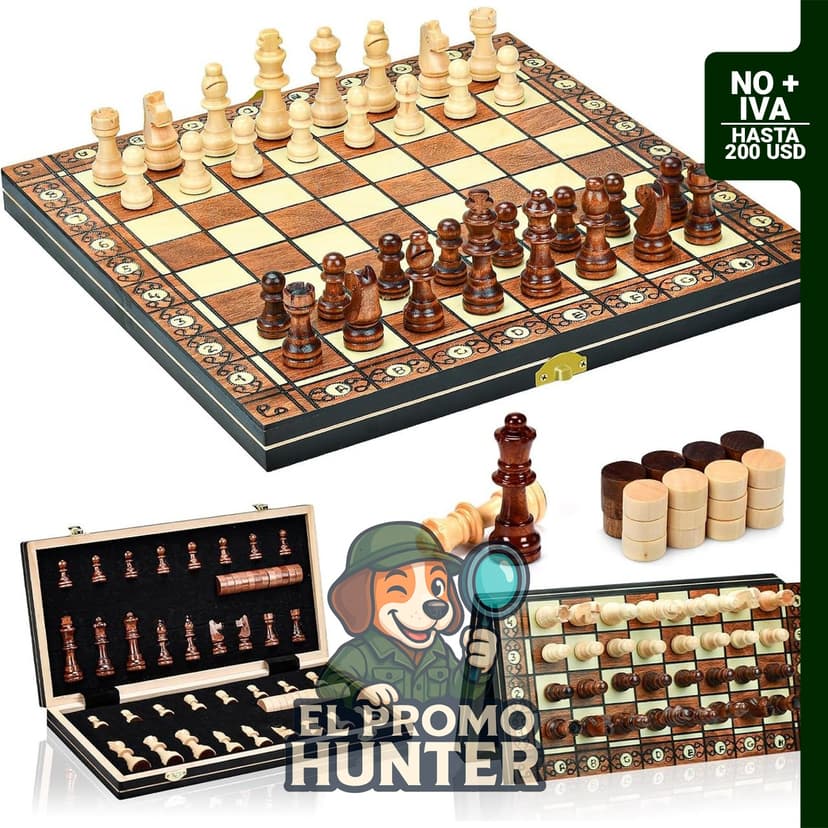 Juego de ajedrez magnético de madera de 15 pulgadas, plegable con almacenamiento y 2 reinas adicionales.
