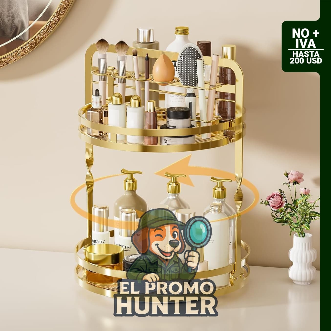 Organizador de maquillaje giratorio de 360°, dorado, con soporte para brochas y estante de perfume.