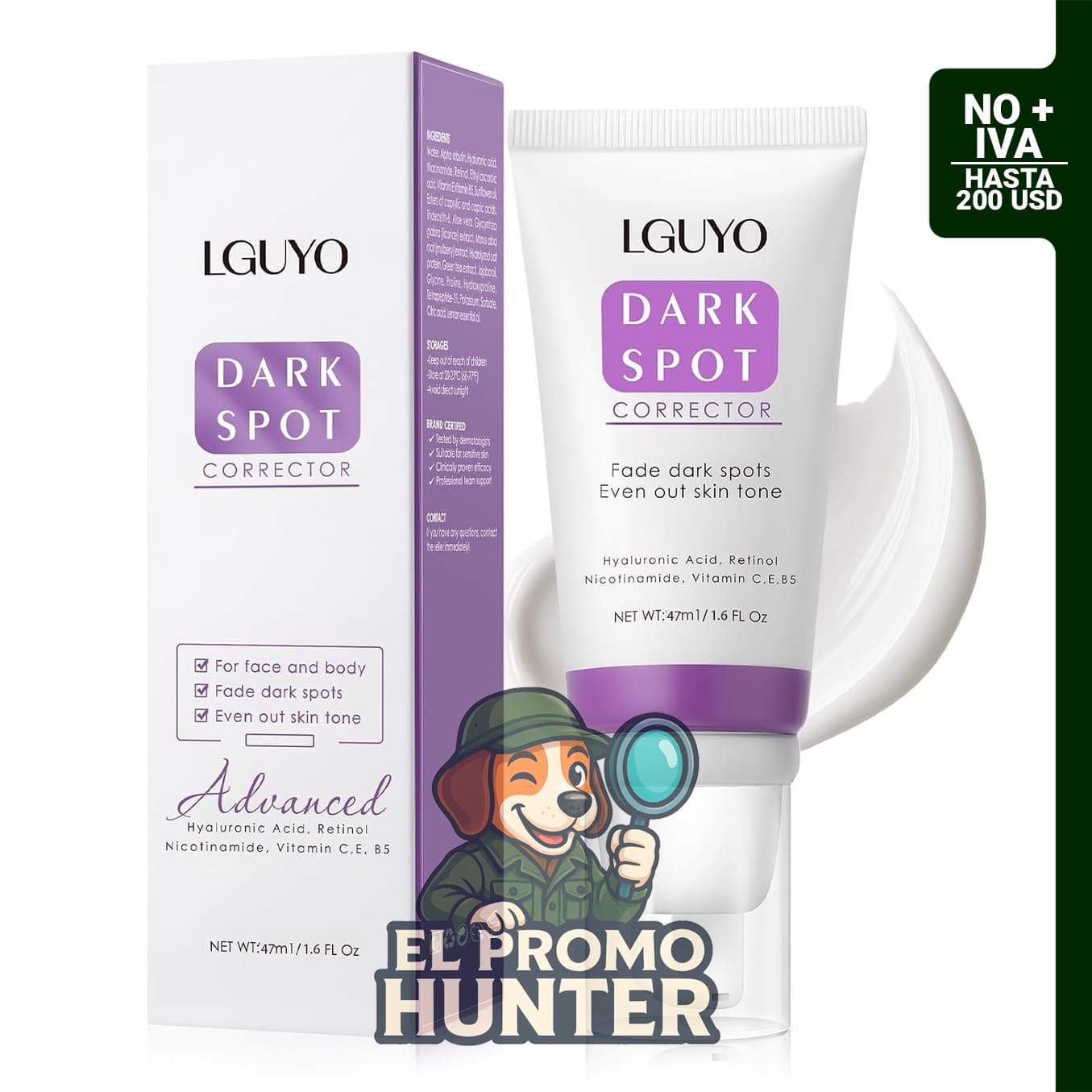 LGUYO Eliminador avanzado de manchas oscuras para cara y cuerpo, formulado para iluminar la piel.