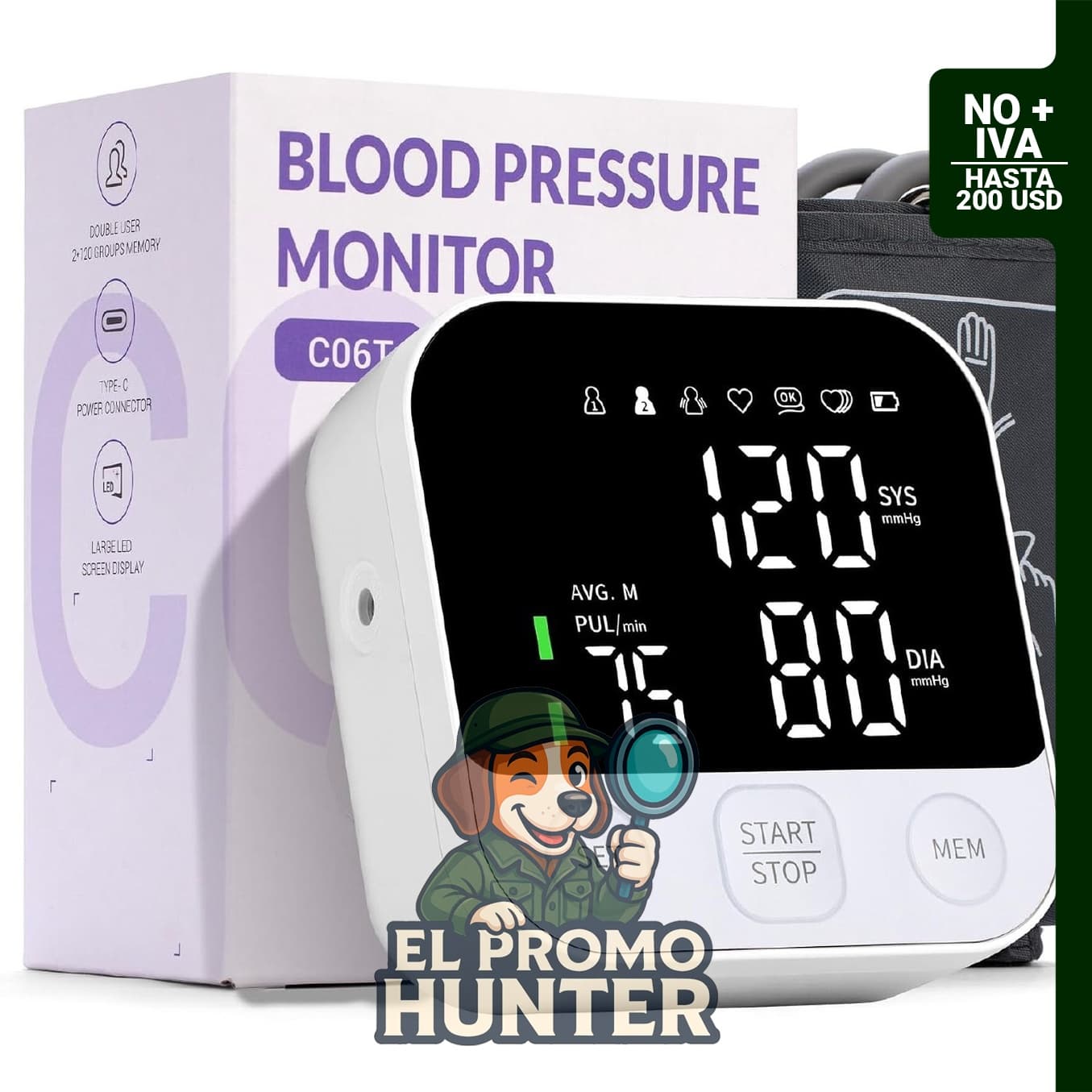 Monitor de presión arterial WellWink, ajustable de 22-42 cm (8.7-16.5 in) con pantalla LED.