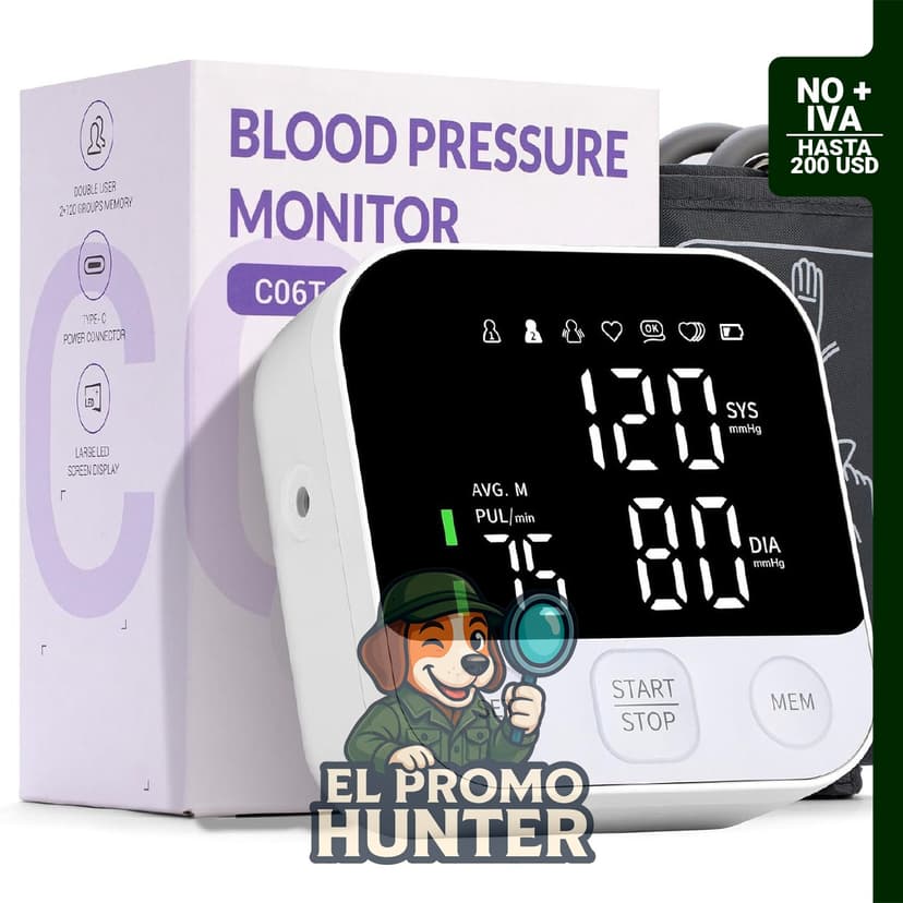 Monitor de presión arterial WellWink, ajustable de 22-42 cm (8.7-16.5 in) con pantalla LED.