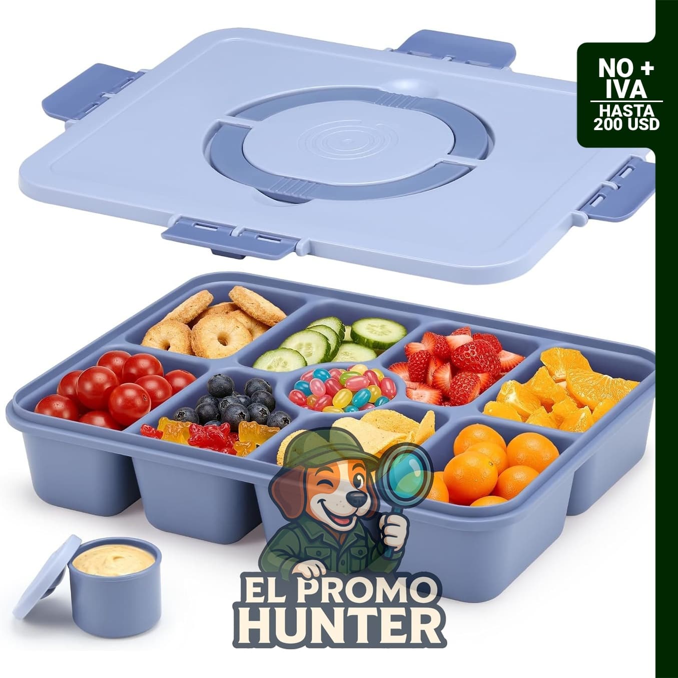 Bandeja dividida para servir con tapa y asa, 9 compartimentos, 2.34 L, azul oscuro.