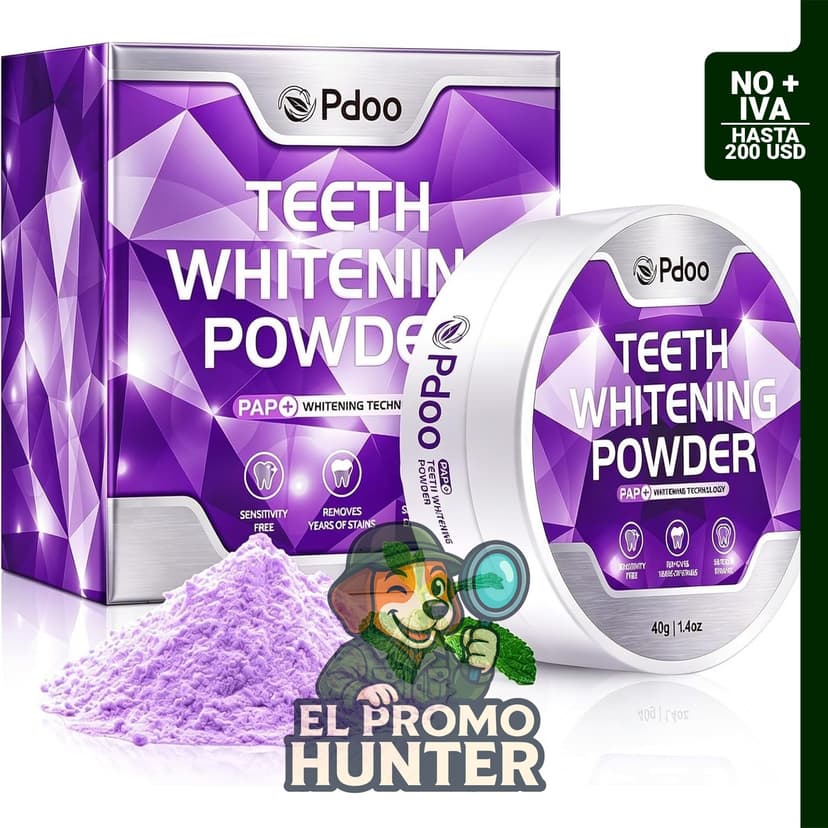 Pdoo Polvo Blanqueador Dental Morado 40 g, sin fluoruro, neutraliza tonos amarillos y elimina manchas.
