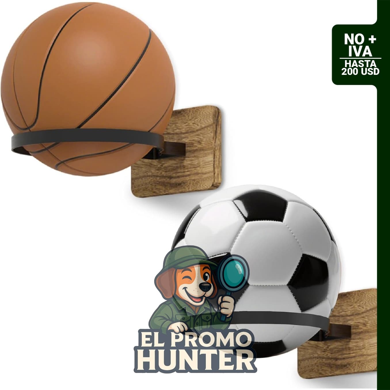 Soporte de pared para balones con base de madera, almacenamiento para fútbol, baloncesto, soccer y rugby.