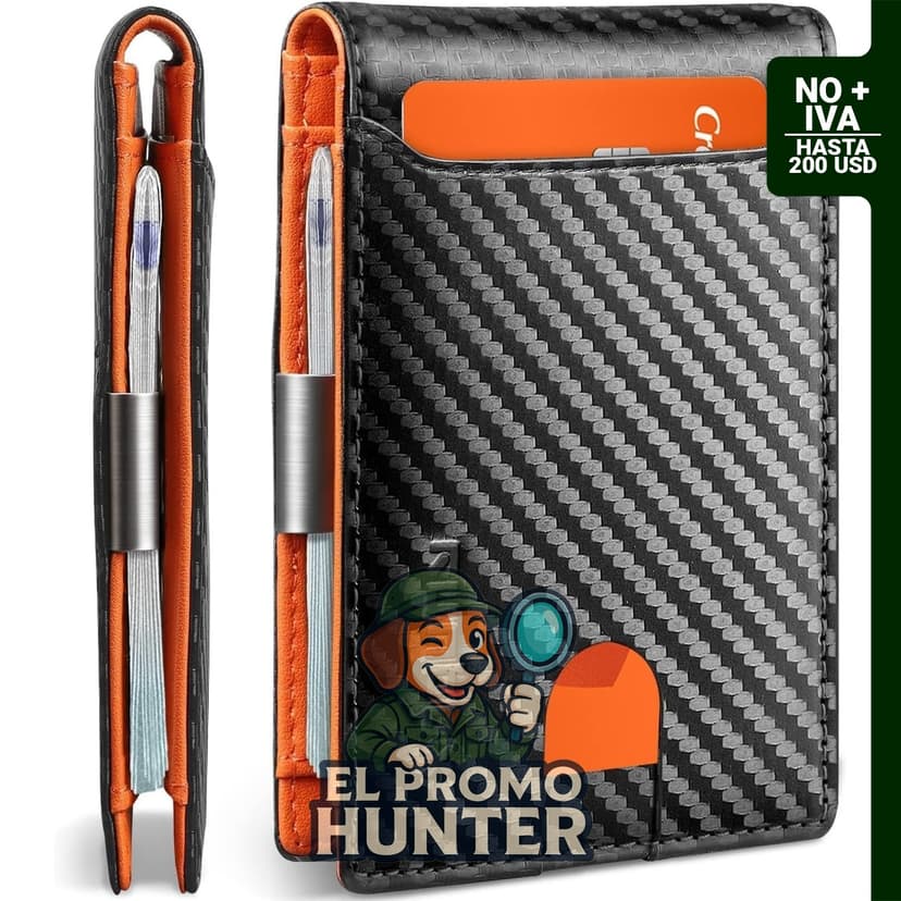 RUNBOX Billetera delgada para hombre, cuero, con clip para dinero y bloqueo RFID.