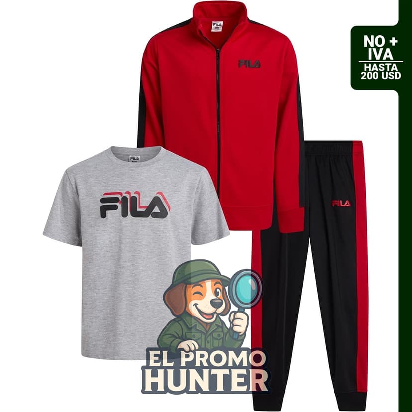 Conjunto deportivo Fila para niños, incluye camiseta, chaqueta de tricot y pantalones.