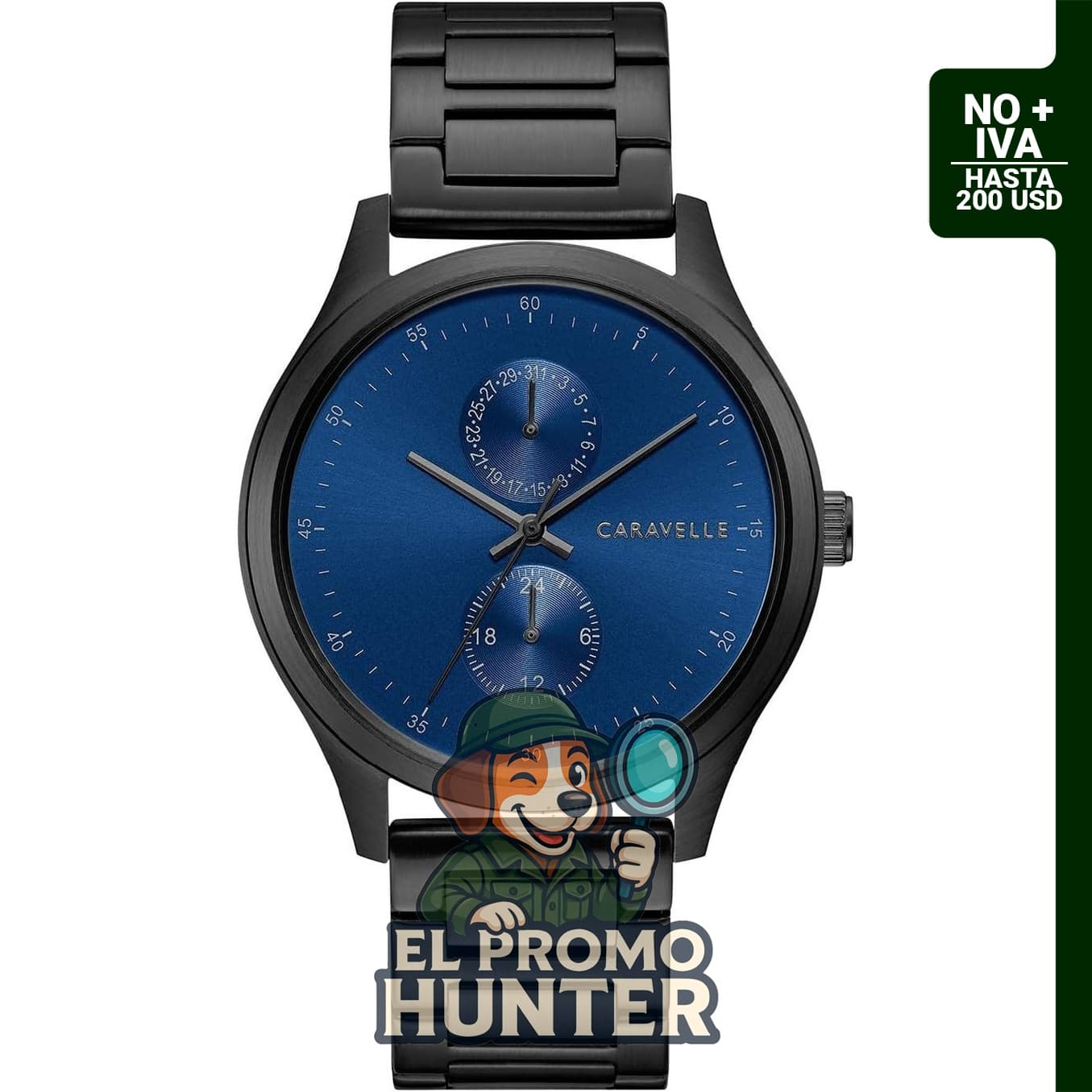 Caravelle by Bulova Reloj de cuarzo negro chapado en iones de acero inoxidable con esfera azul profunda.