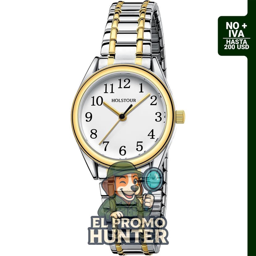 Reloj dorado para mujer HOLSTOUR, con correa de acero inoxidable expandible y esfera de fácil lectura, resistente al agua.