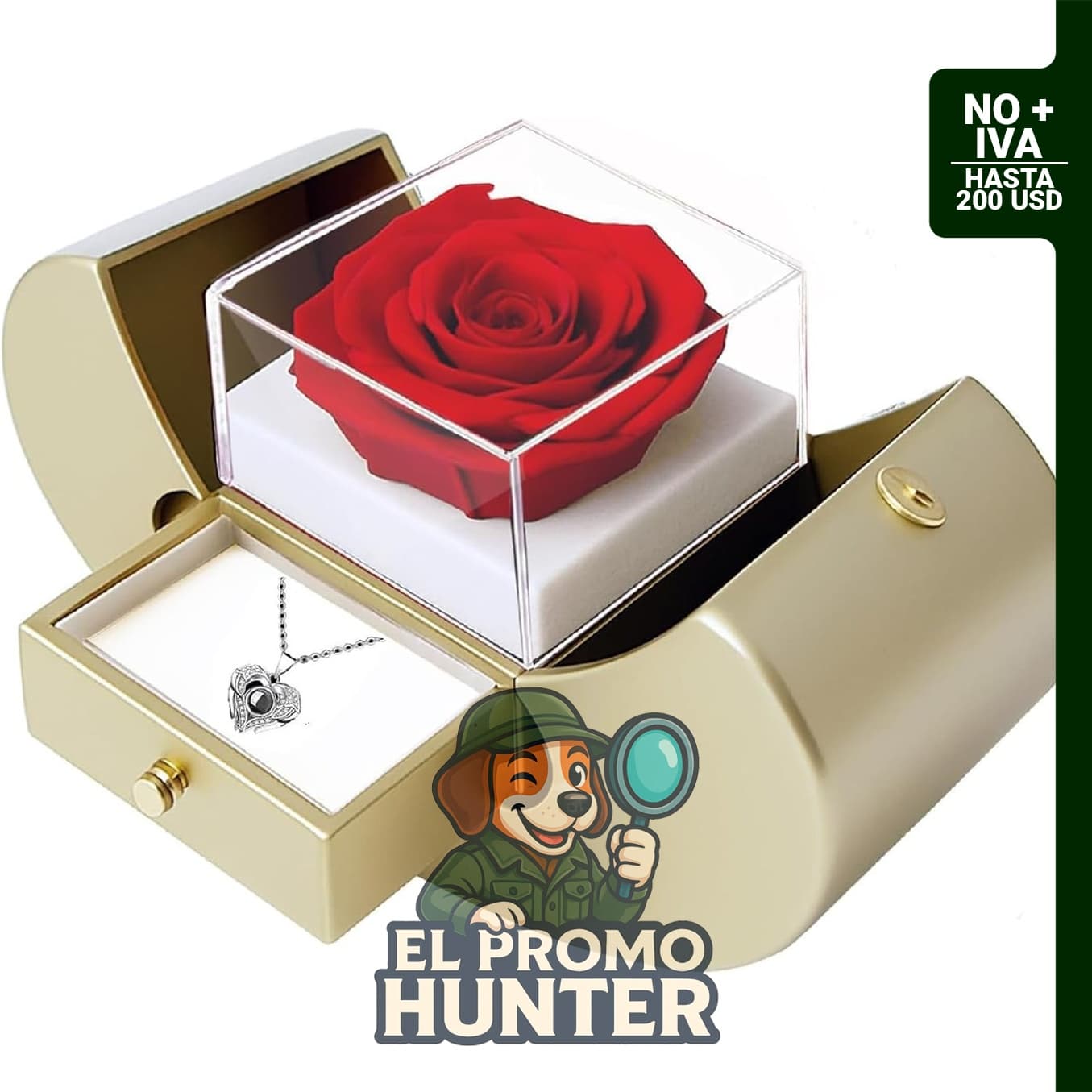 Juego de rosas preservadas con collar I Love You en 100 idiomas, color beige.